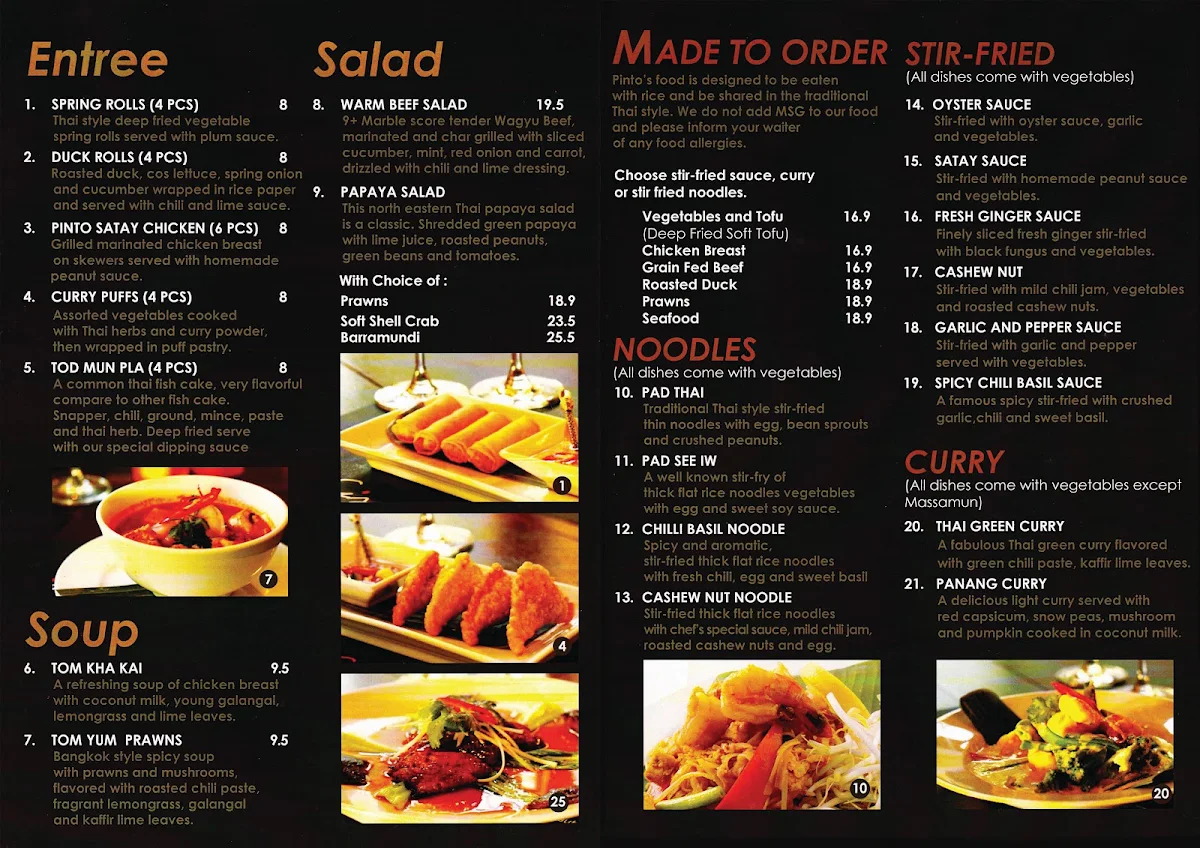 Menu, Pinto Thai Restaurant