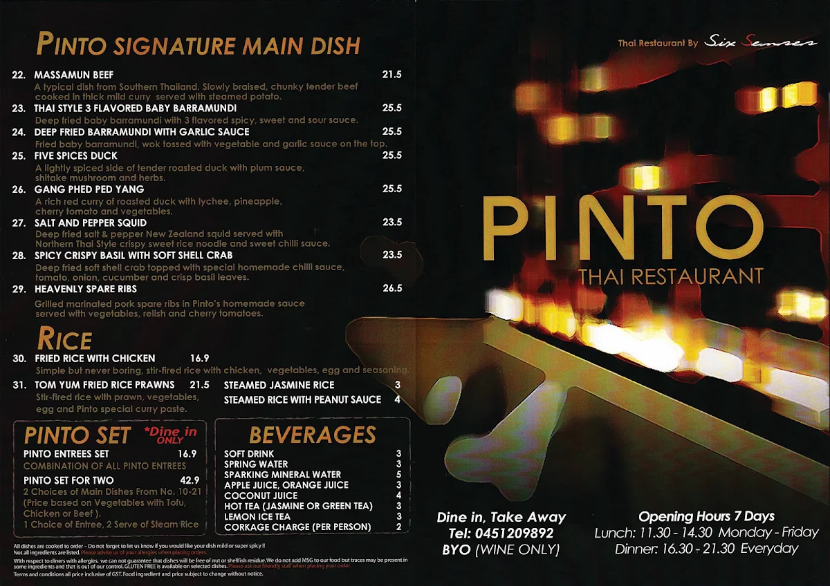 Menu, Pinto Thai Restaurant