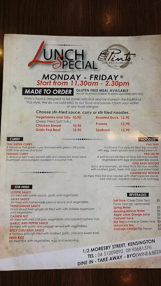 Menu, Pinto Thai Restaurant