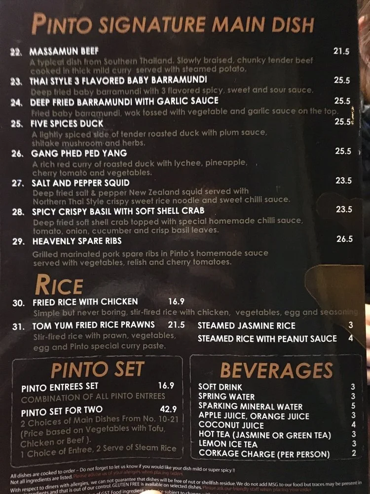 Menu, Pinto Thai Restaurant