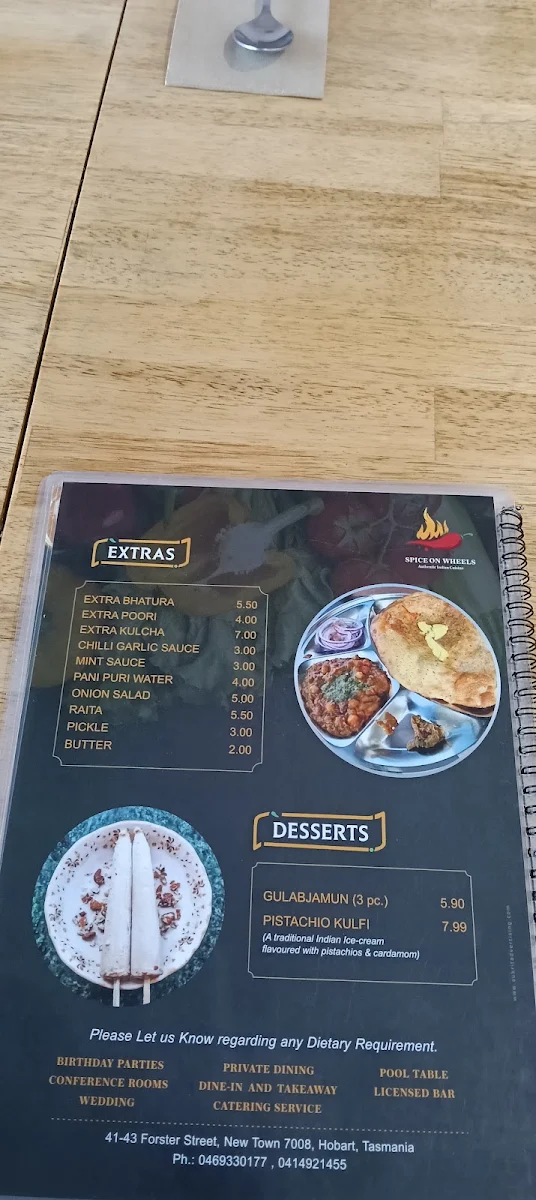 Menu, Spice on Wheels Indian Restaurant (New Town)
