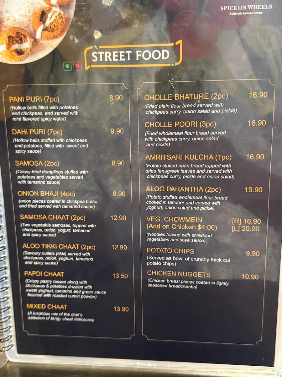 Menu, Spice on Wheels Indian Restaurant (New Town)