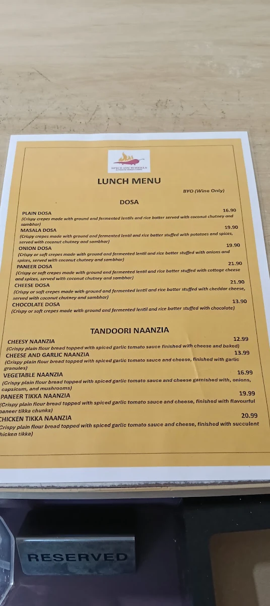 Menu, Spice on Wheels Indian Restaurant (New Town)