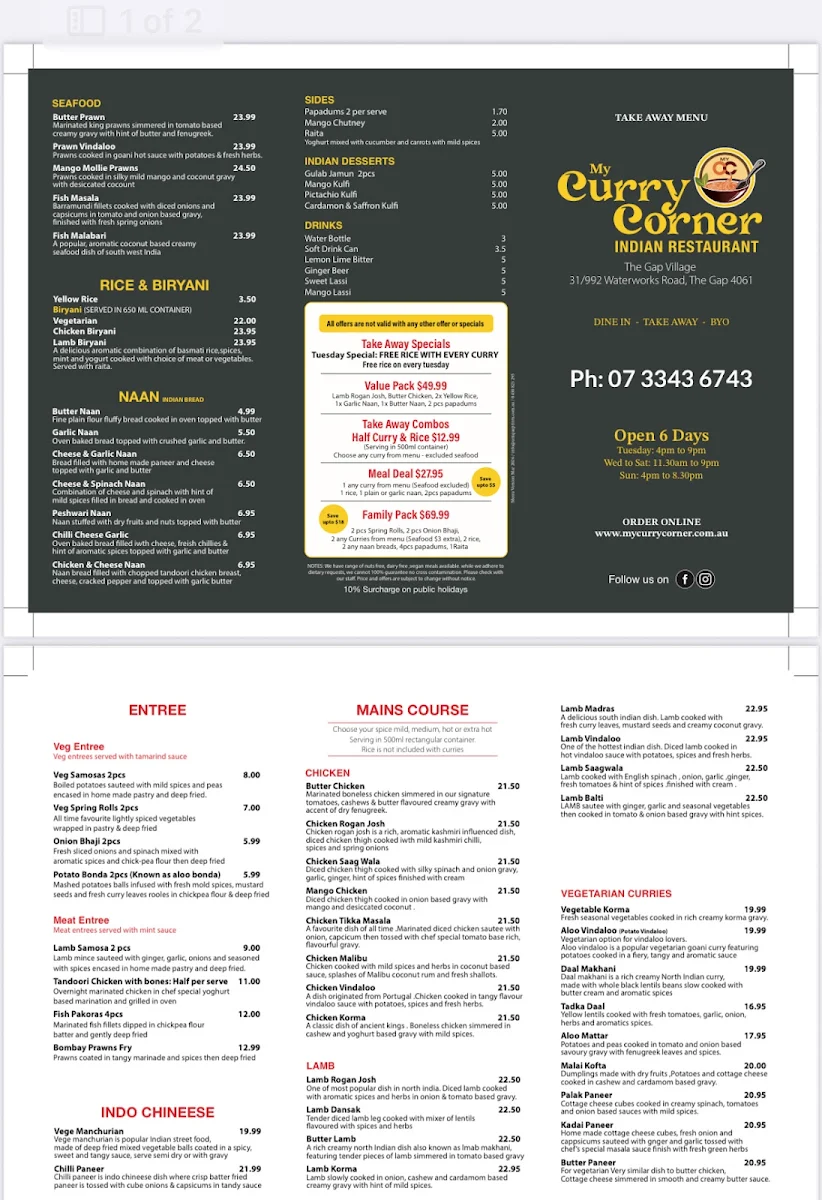 Menu, MY CURRY CORNER