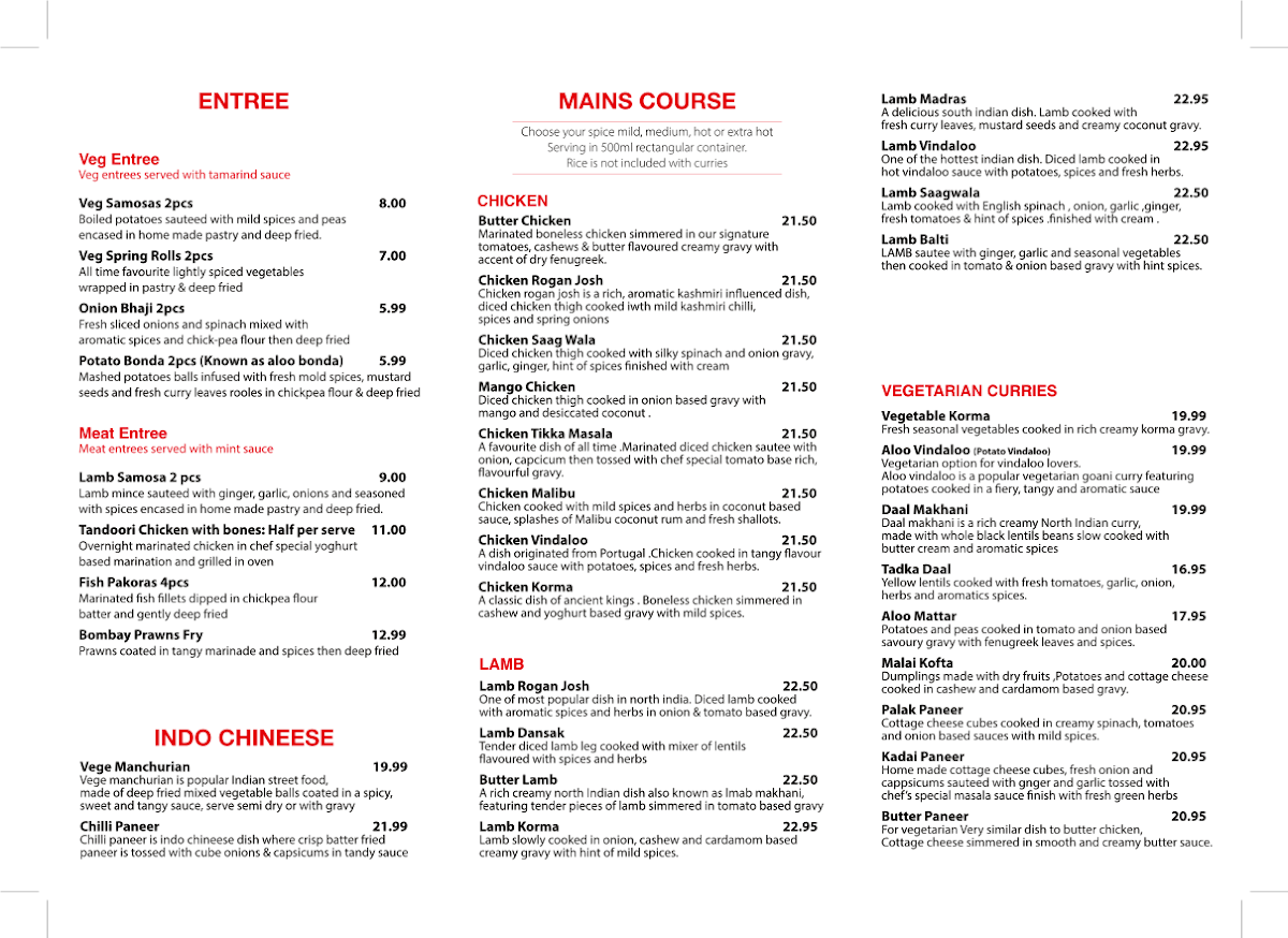 Menu, MY CURRY CORNER