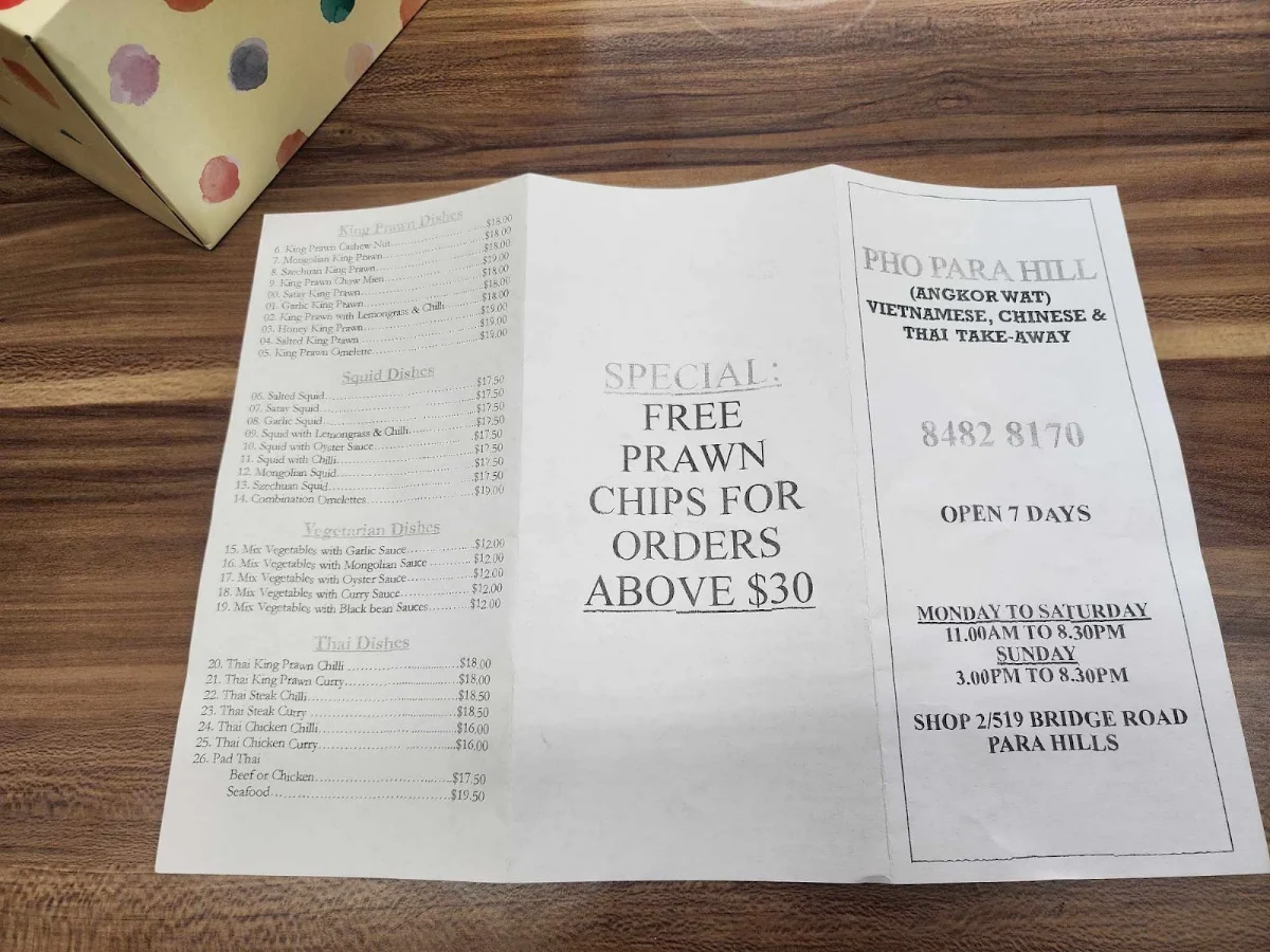 Menu, Pho Para Hills