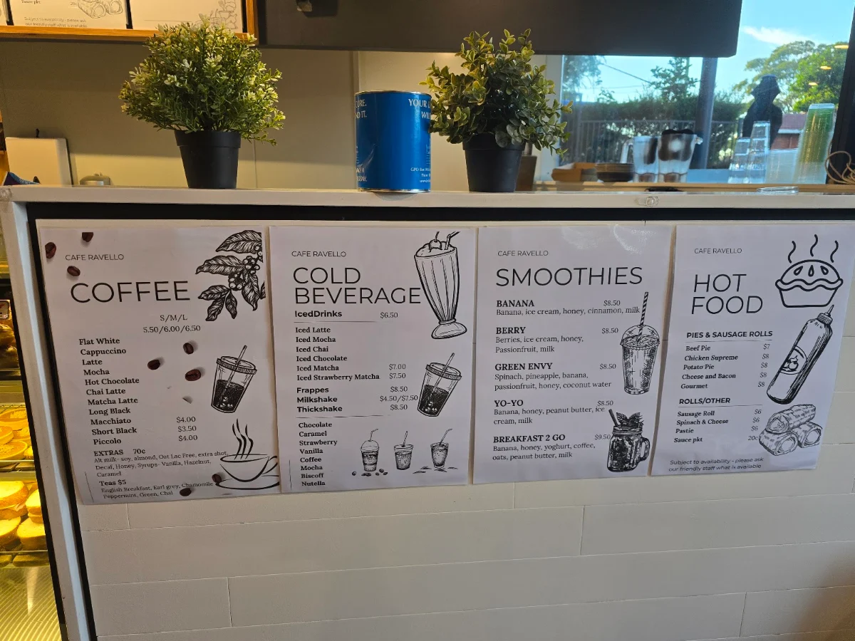 Menu, Café Ravello