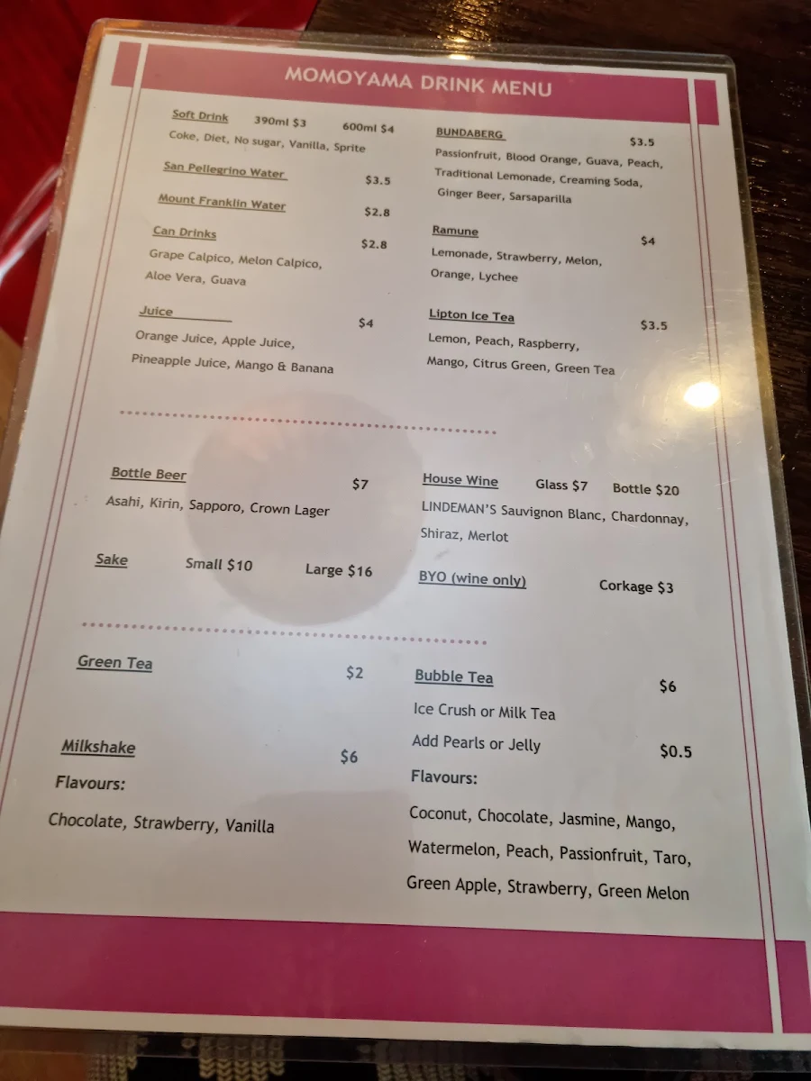 Menu, Momoyama Sushi