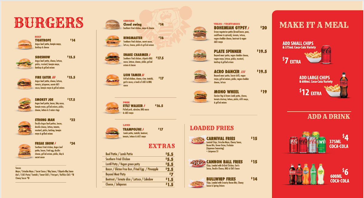 Menu, Sideshow Burgers Castlemaine