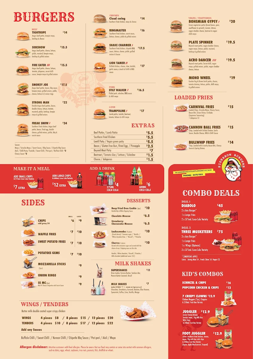 Menu, Sideshow Burgers Castlemaine