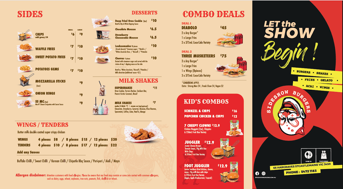 Menu, Sideshow Burgers Castlemaine