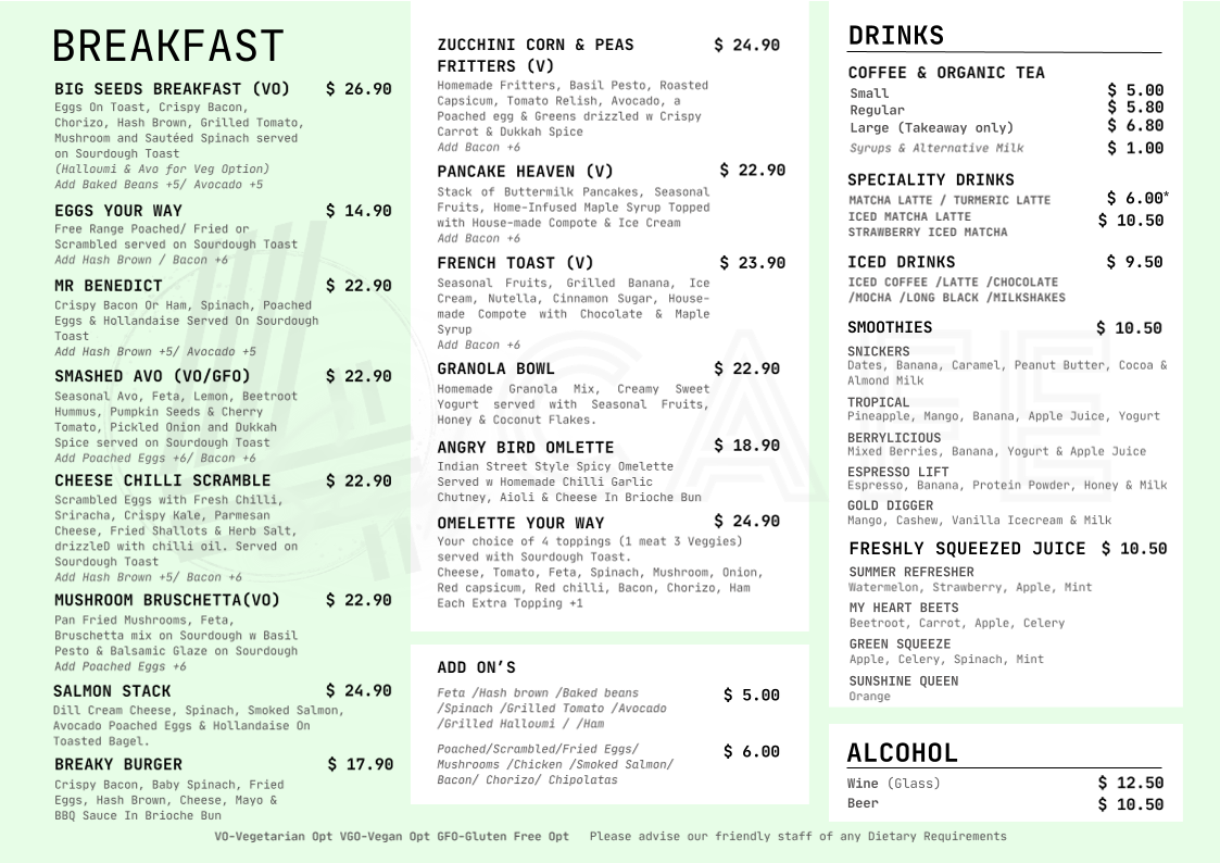 Menu, 4 Seeds Cafe