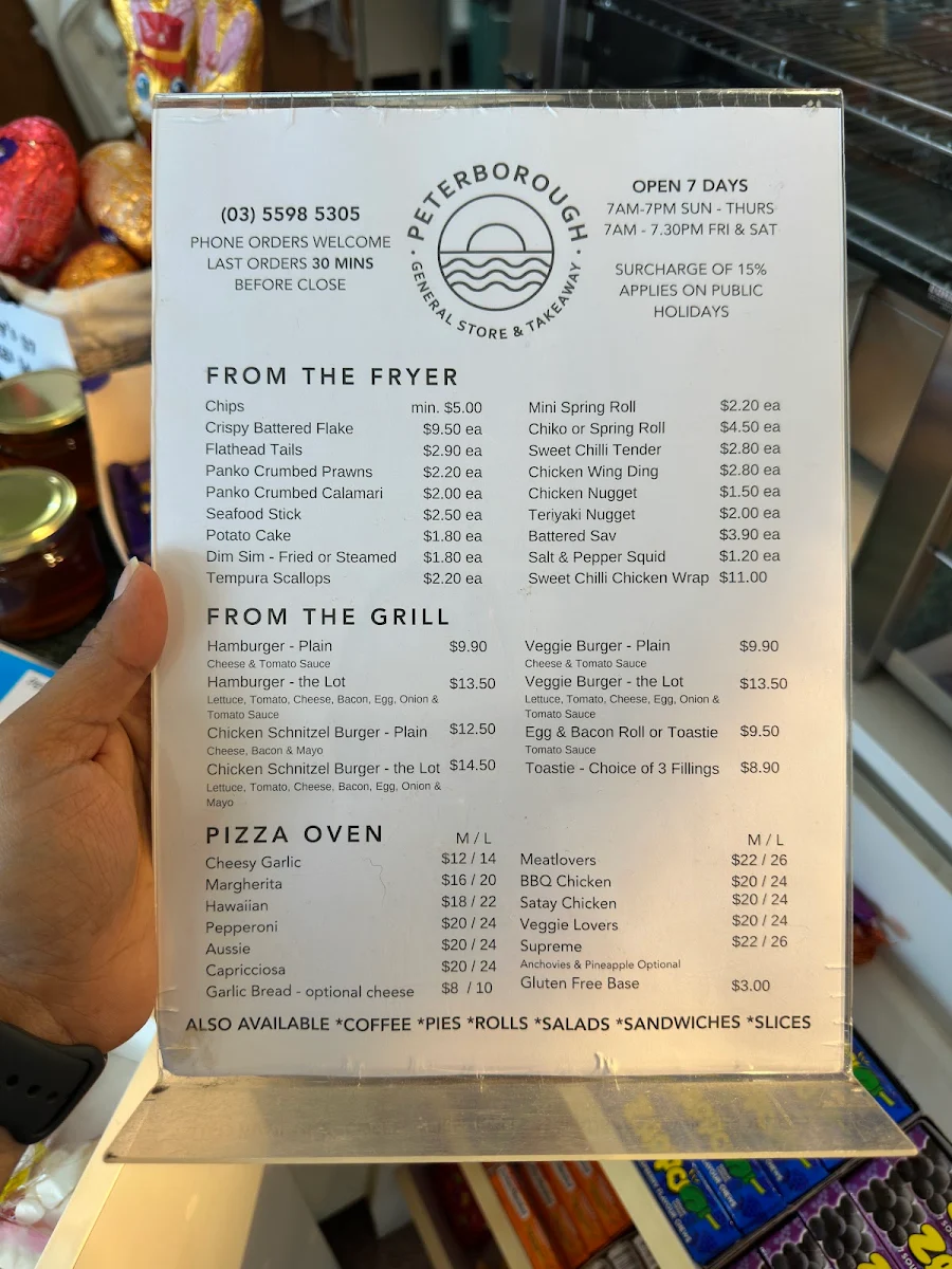 Menu, Peterborough General Store & Takeaway