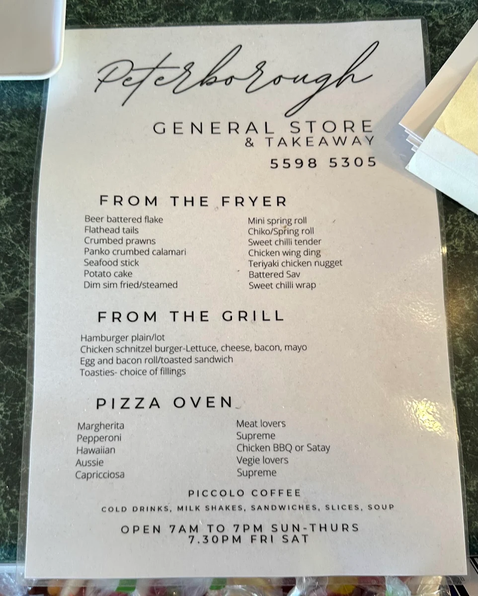 Menu, Peterborough General Store & Takeaway