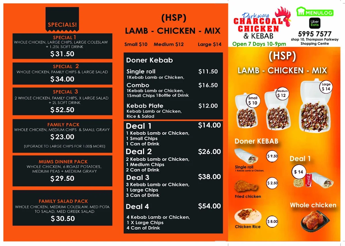 Menu, Ali’s kebab & Charcoal chicken