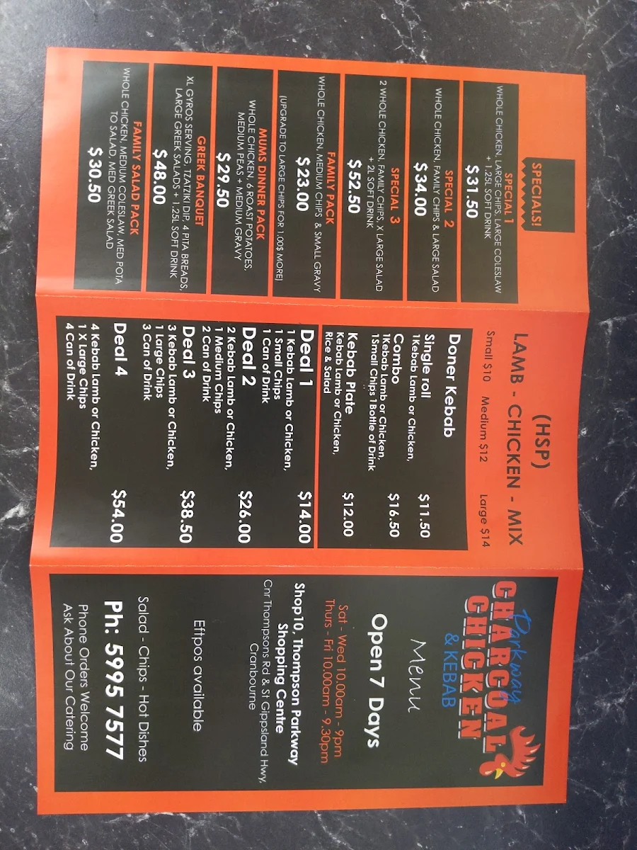 Menu, Ali’s kebab & Charcoal chicken