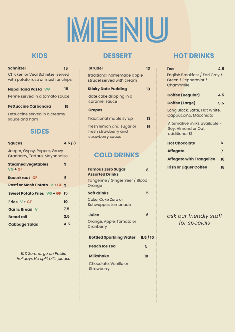 Menu, Maggie's Potts Point Restaurant