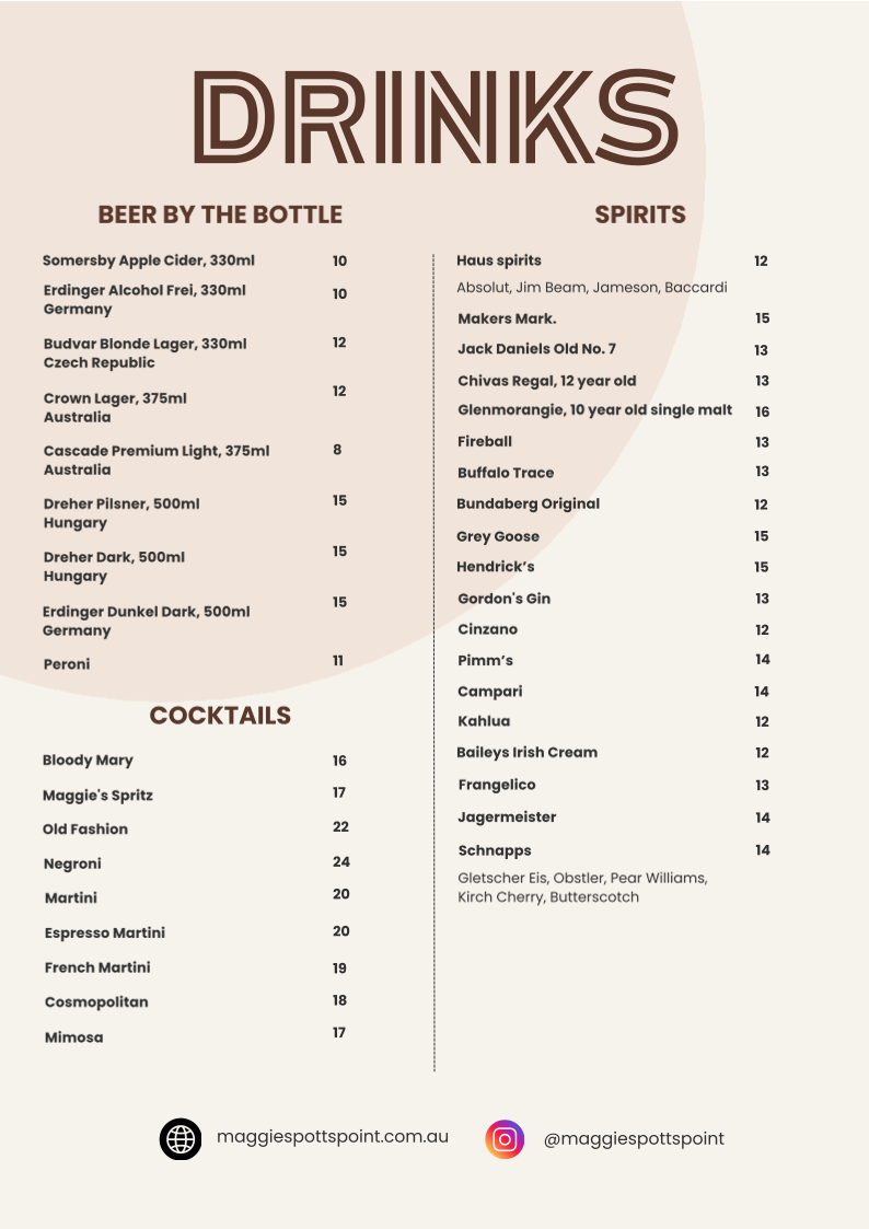 Menu, Maggie's Potts Point Restaurant