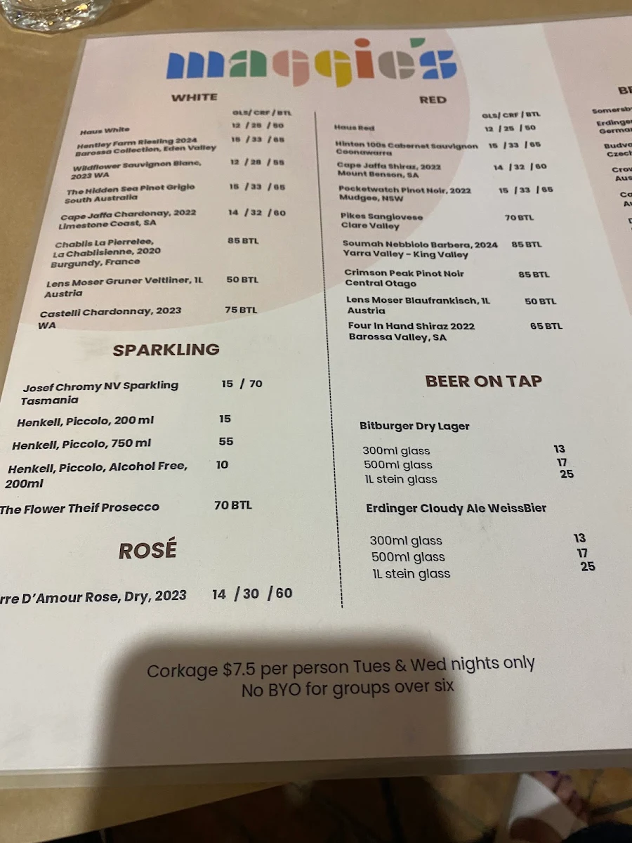 Menu, Maggie's Potts Point Restaurant
