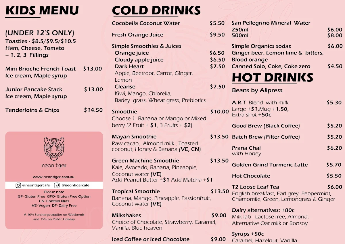Menu, Neon Tiger Malvern