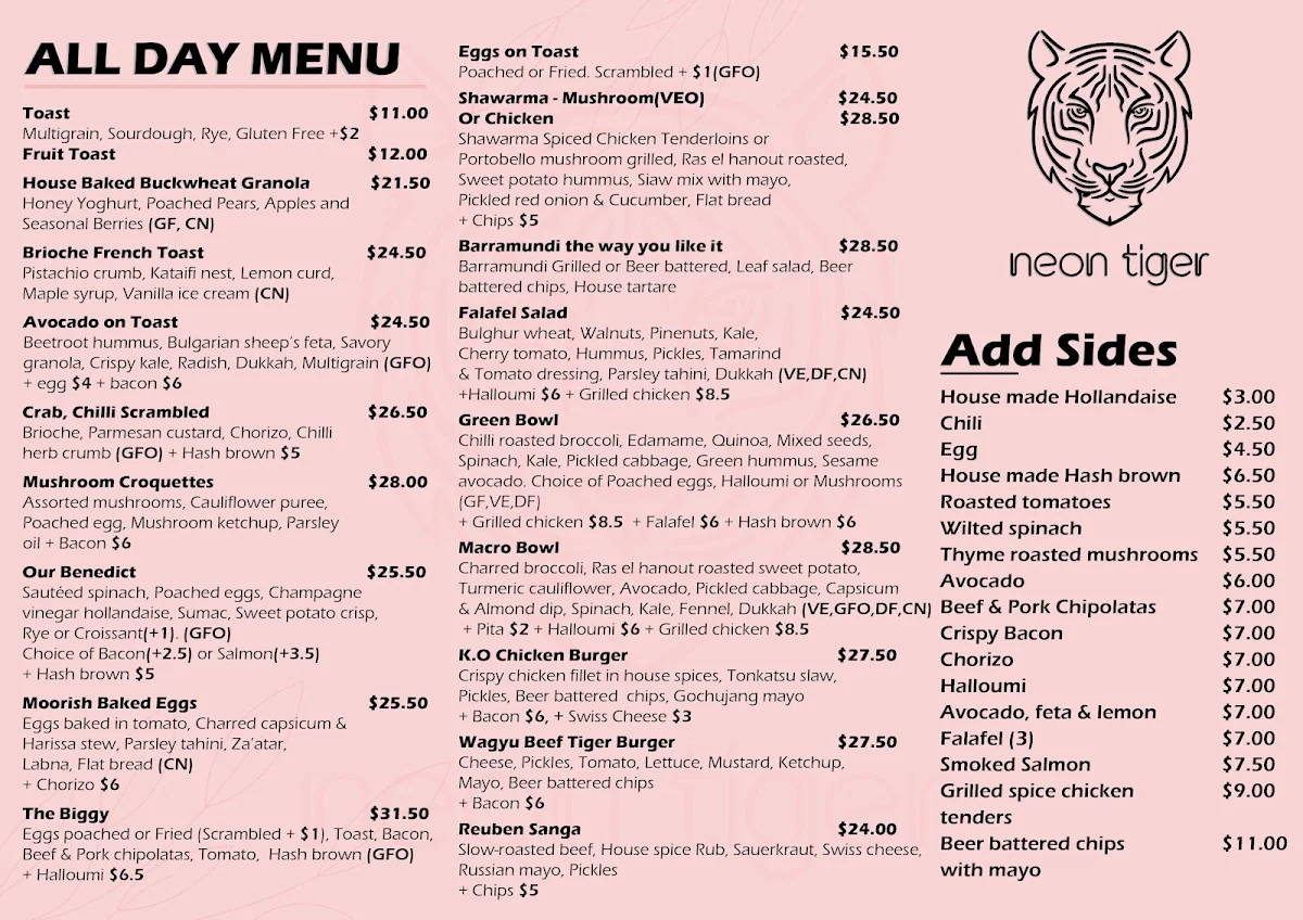 Menu, Neon Tiger Malvern