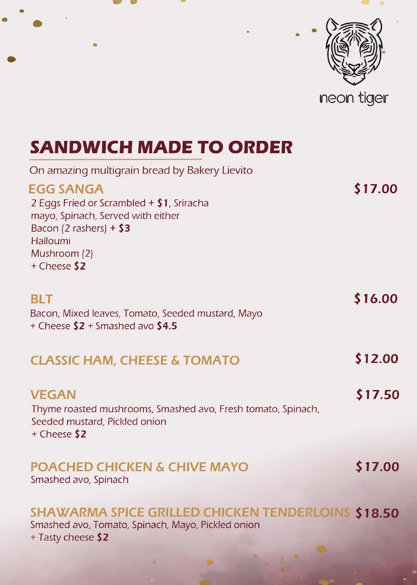 Menu, Neon Tiger Malvern