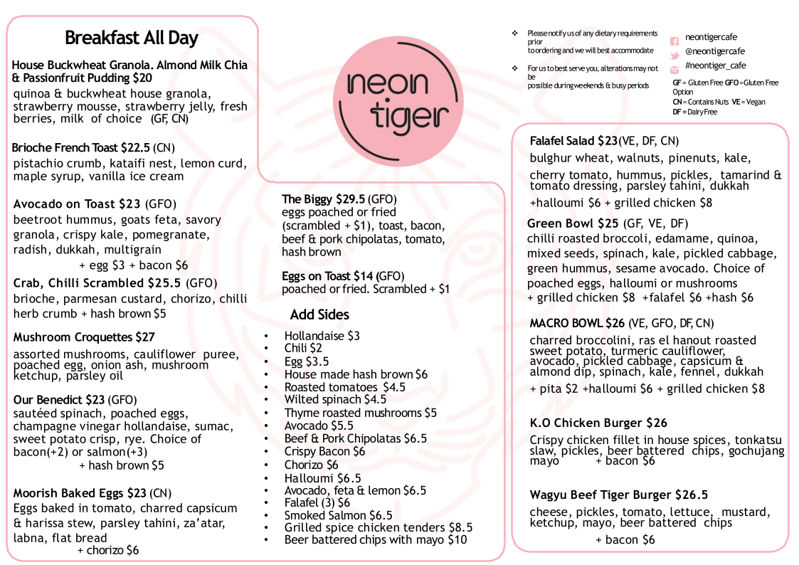 Menu, Neon Tiger Malvern