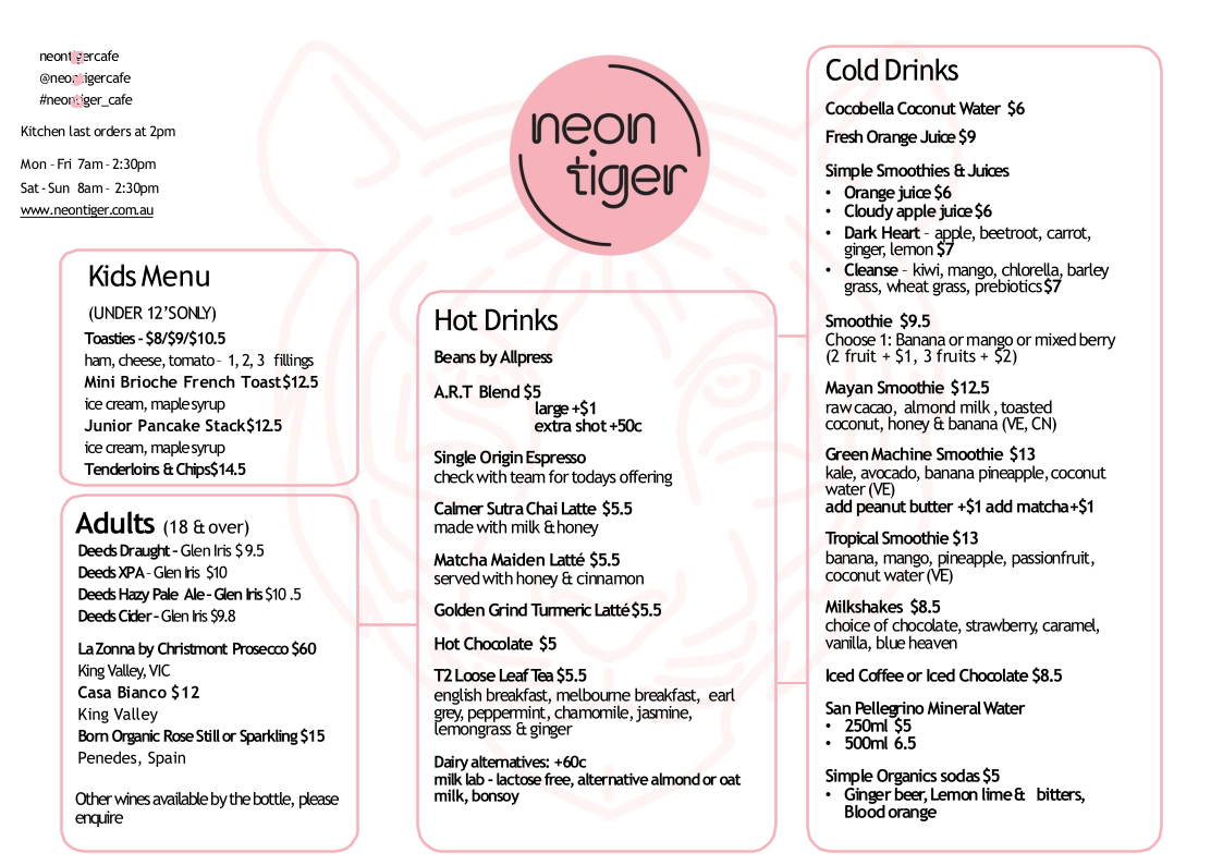 Menu, Neon Tiger Malvern