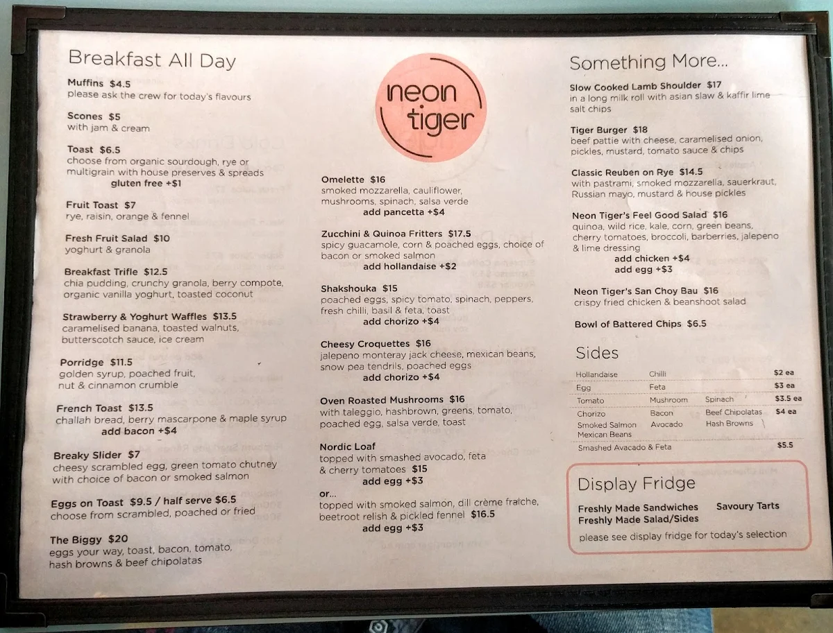 Menu, Neon Tiger Malvern