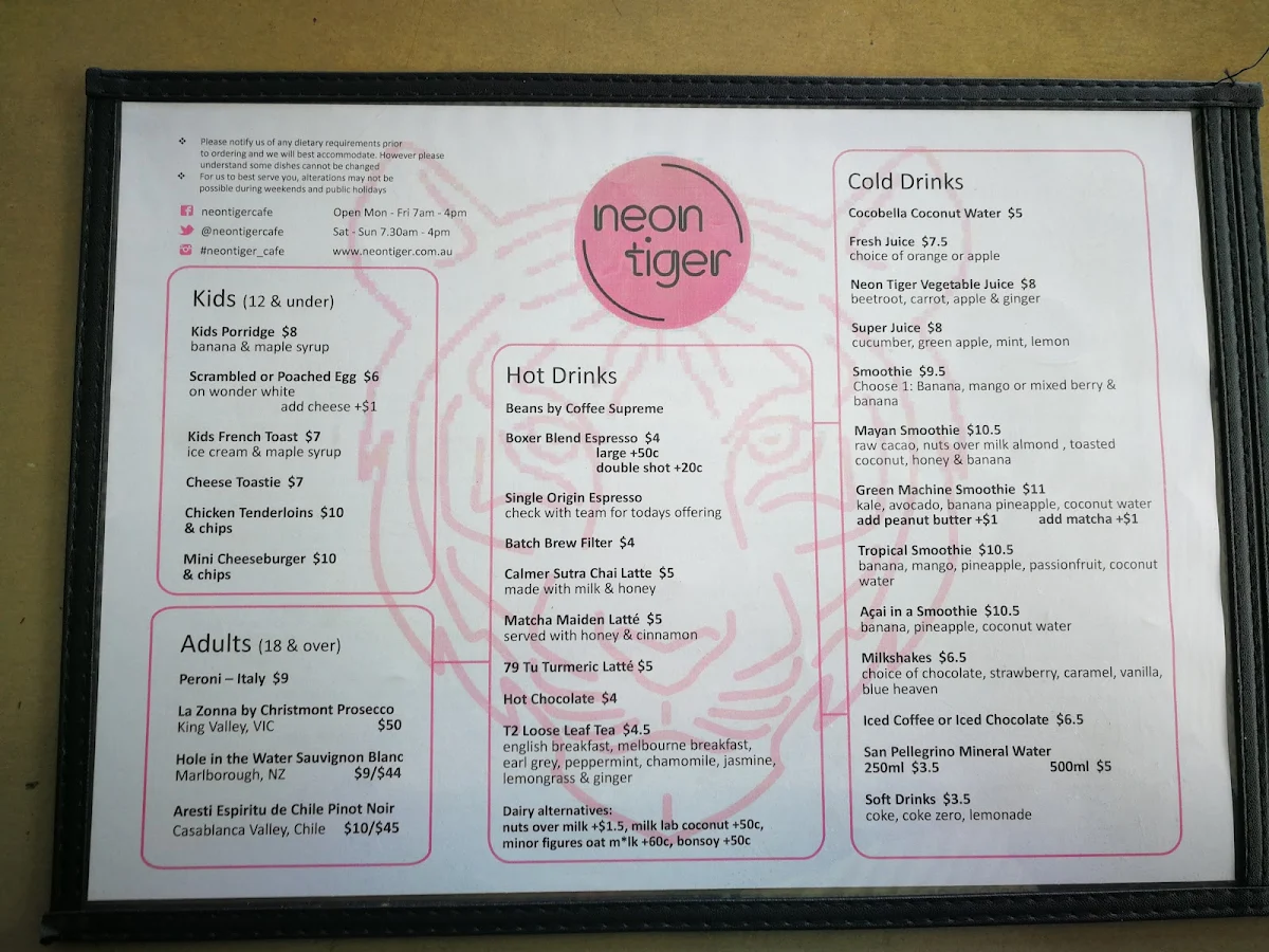 Menu, Neon Tiger Malvern