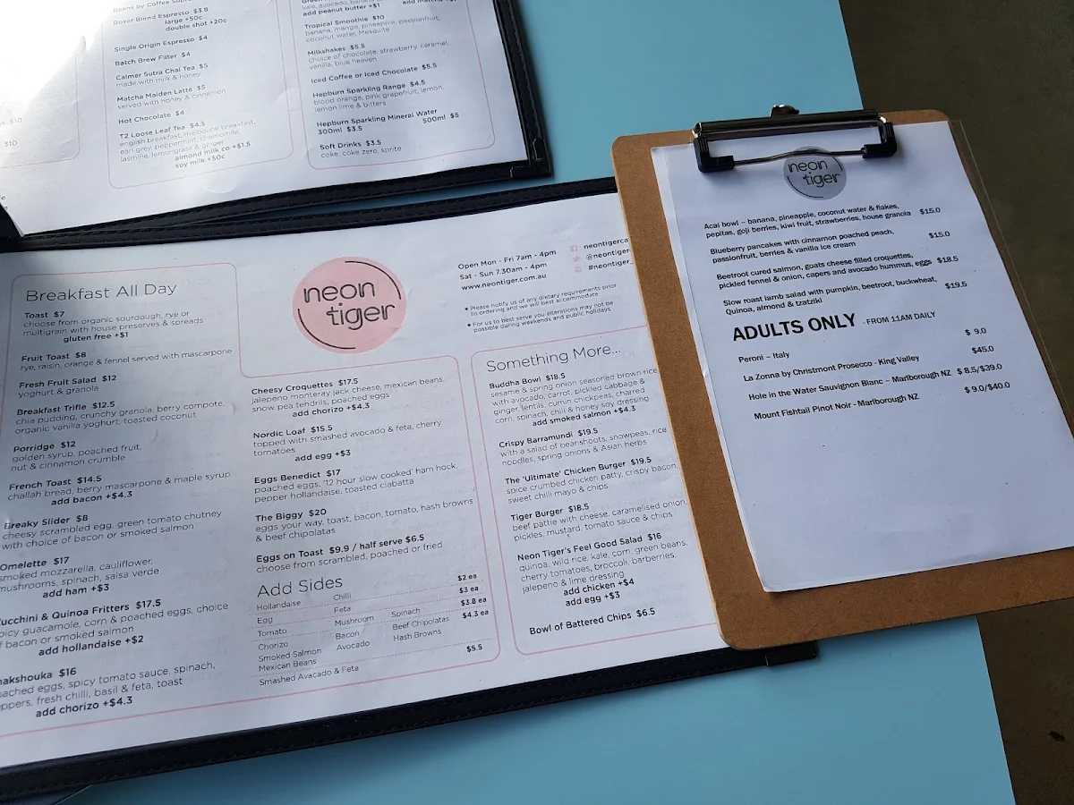Menu, Neon Tiger Malvern