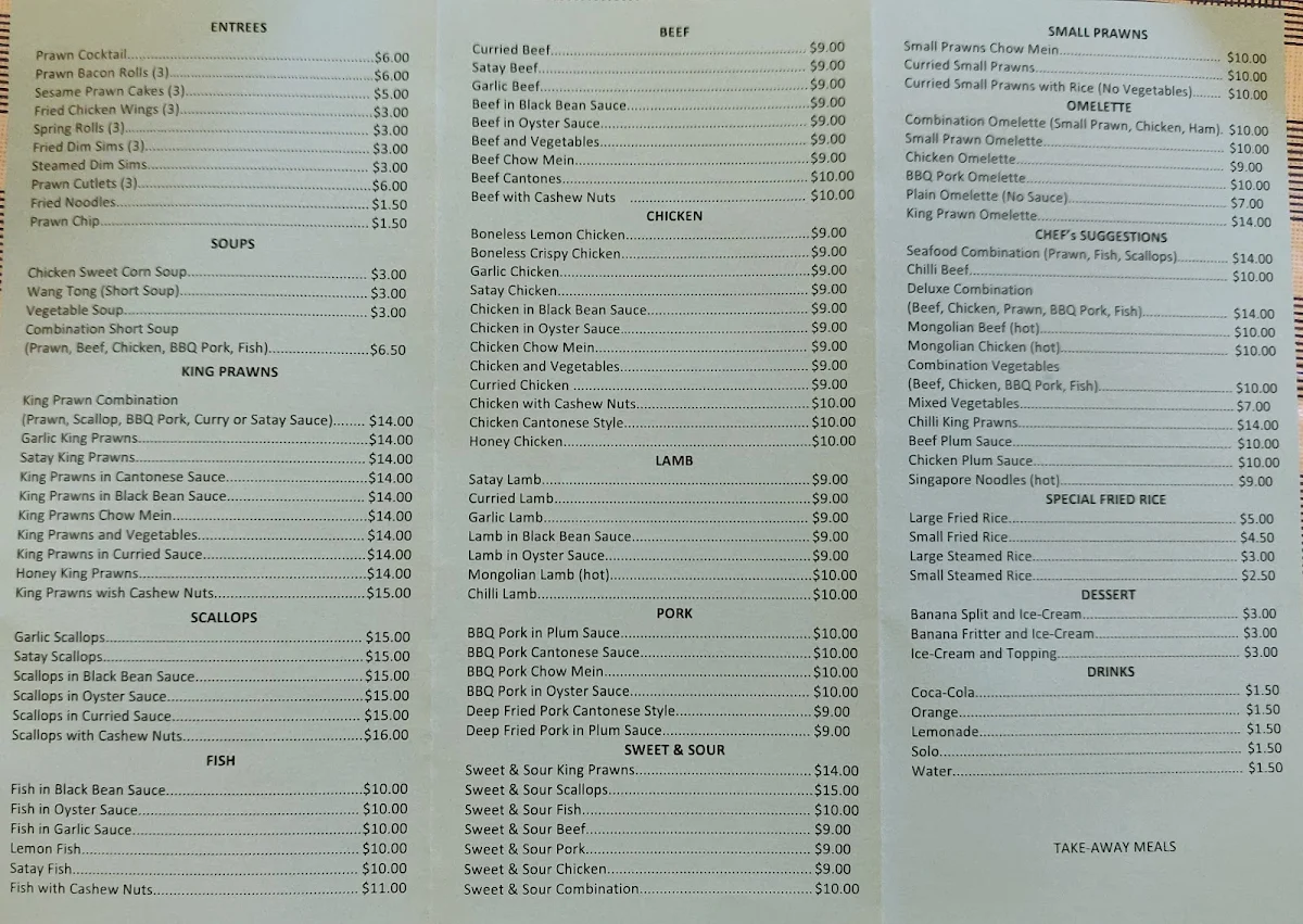 Menu, Corowa Take Away
