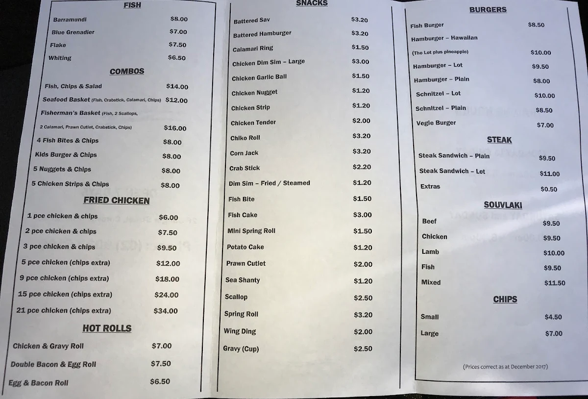 Menu, Corowa Take Away