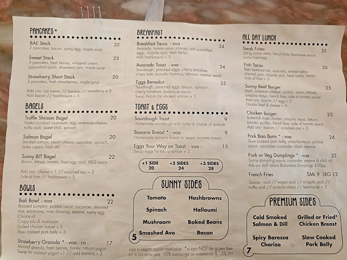 Menu, Sunnyside Cafe