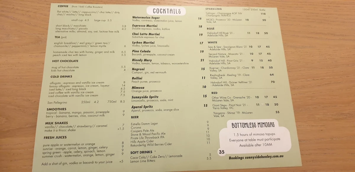 Menu, Sunnyside Cafe