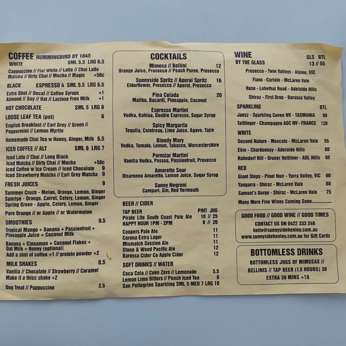 Menu, Sunnyside Cafe