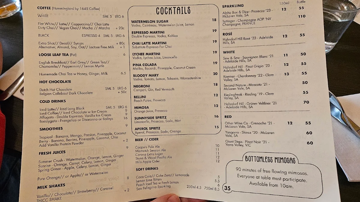 Menu, Sunnyside Cafe