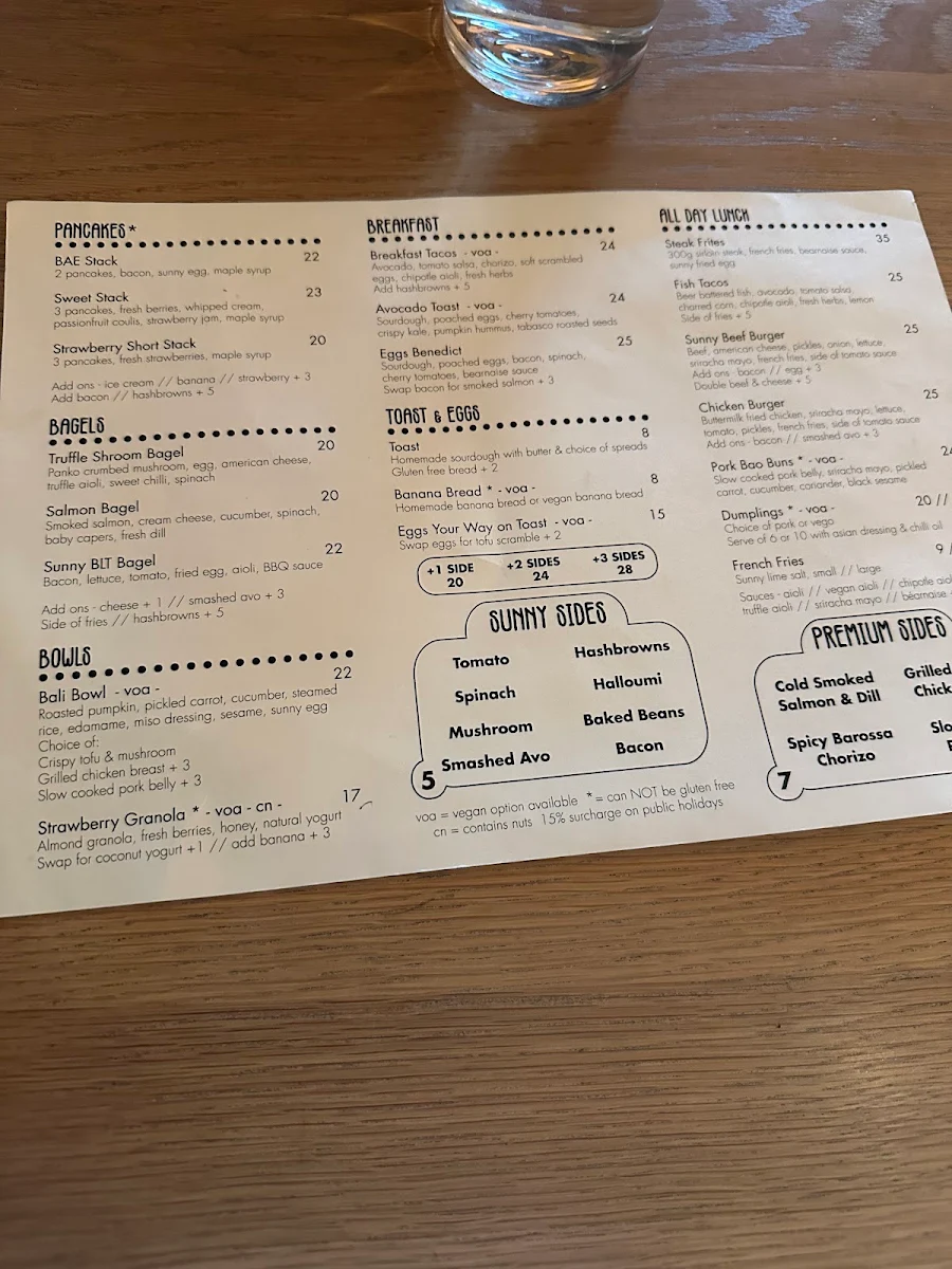 Menu, Sunnyside Cafe
