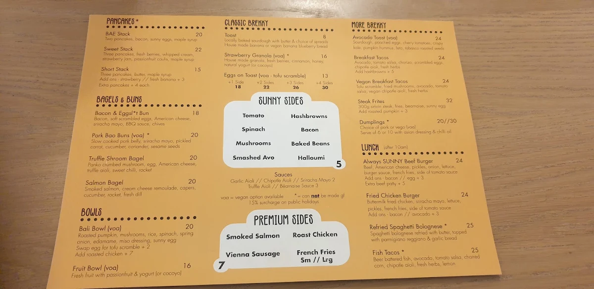 Menu, Sunnyside Cafe