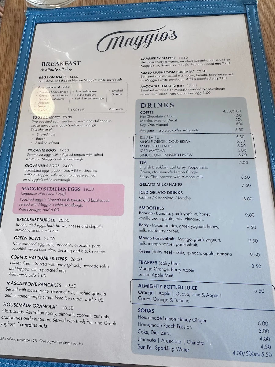 Menu, Maggio's Cafe