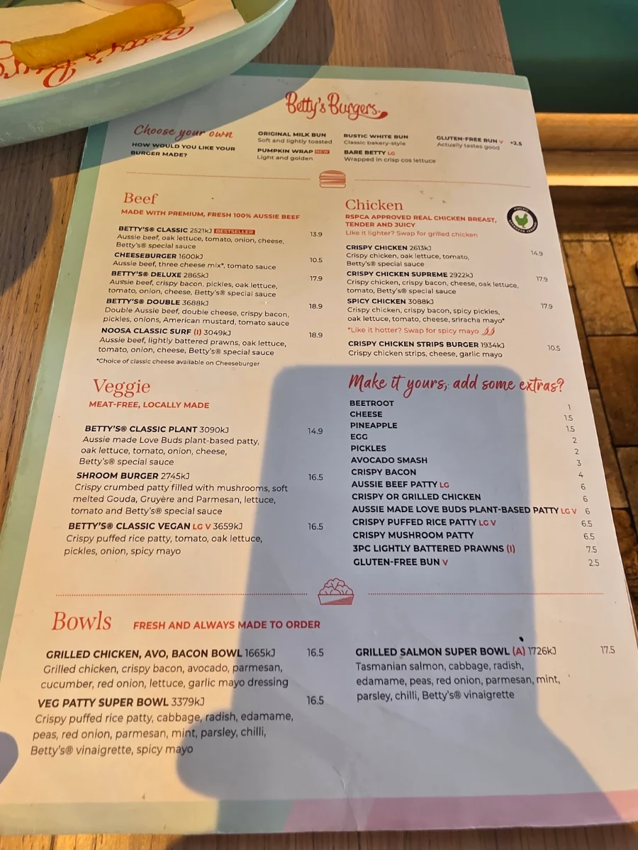 Menu, Betty's Burgers