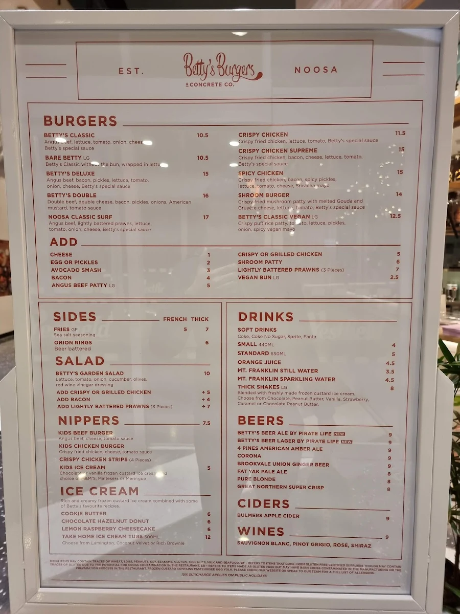 Menu, Betty's Burgers