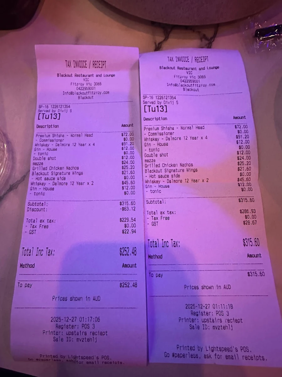 Menu, Blackout Restaurant and Lounge