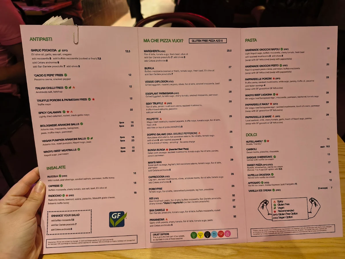 Menu, A25 Pizzeria Centro (CBD)