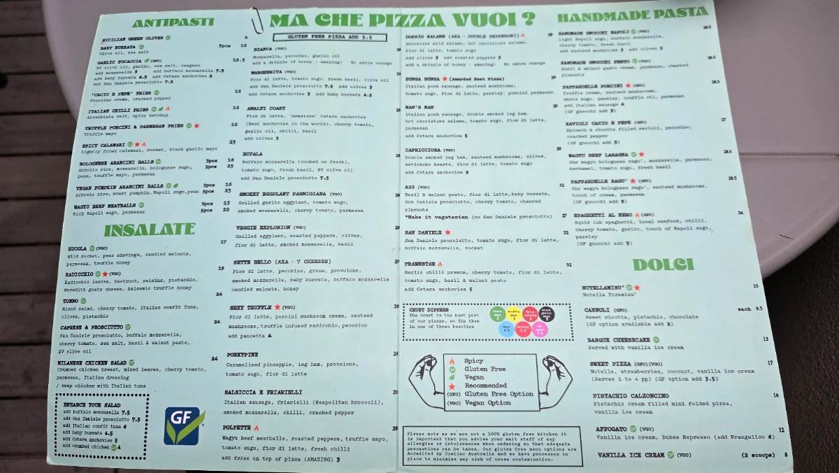 Menu, A25 Pizzeria Centro (CBD)