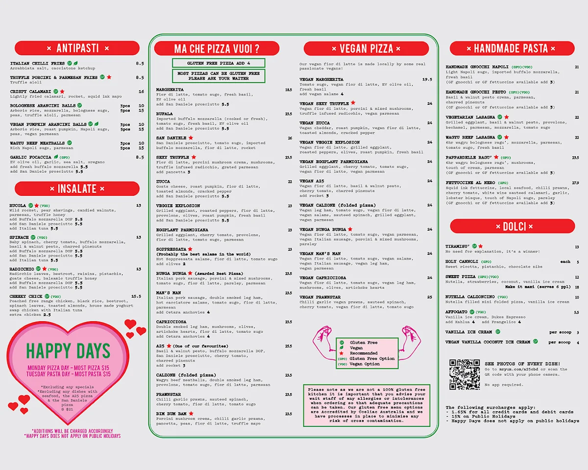 Menu, A25 Pizzeria Centro (CBD)