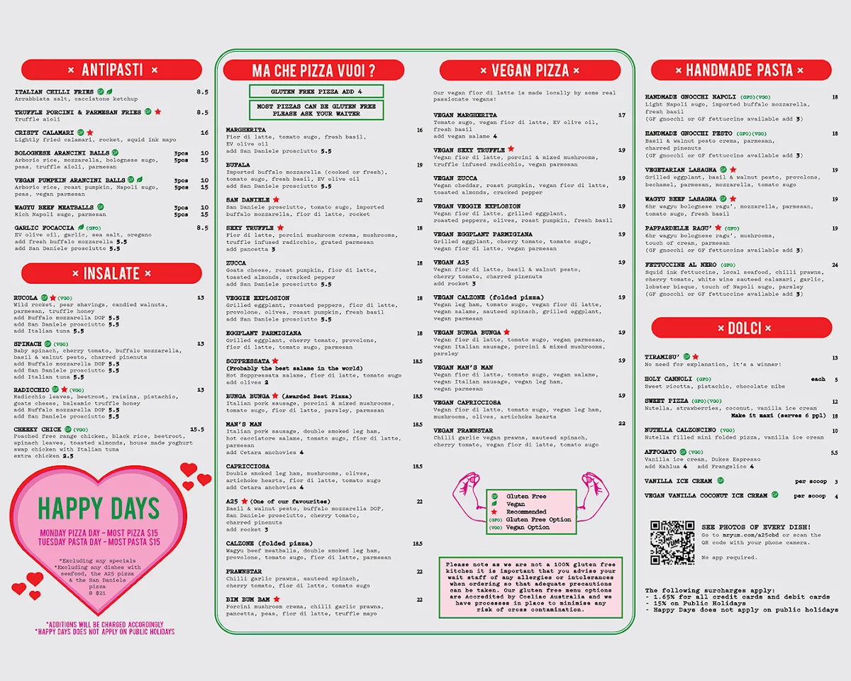 Menu, A25 Pizzeria Centro (CBD)
