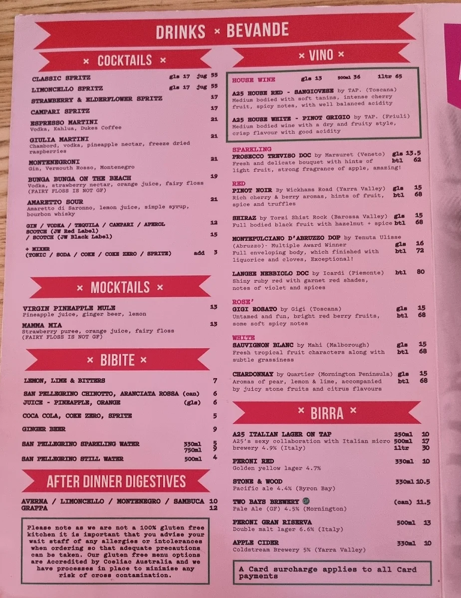Menu, A25 Pizzeria Centro (CBD)