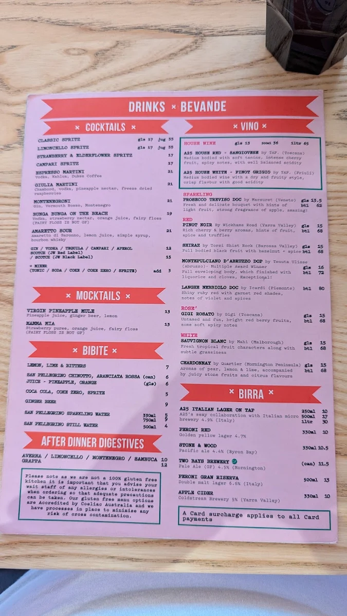 Menu, A25 Pizzeria Centro (CBD)