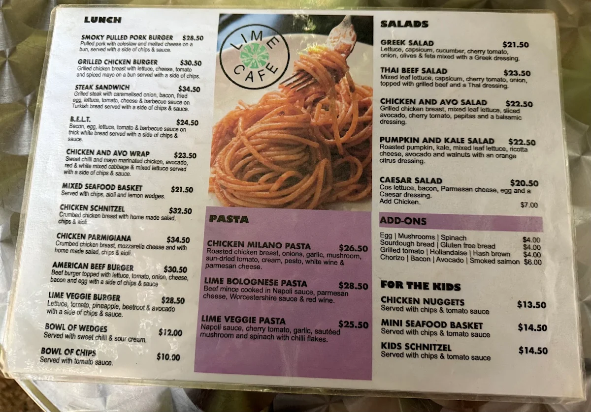 Menu, Lime Cafe